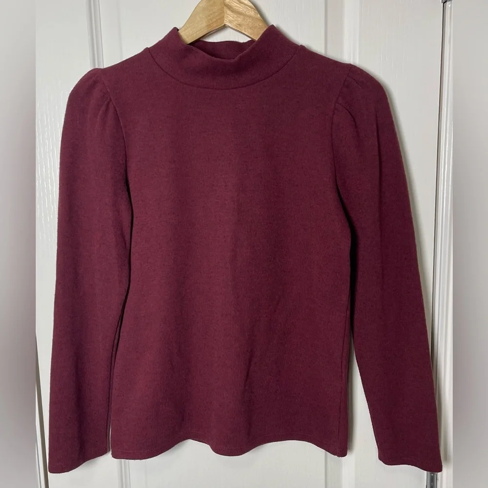Madewell Plush Mockneck Puff-Sleeve Burgundy Top Size Small - Picture 4 of 9